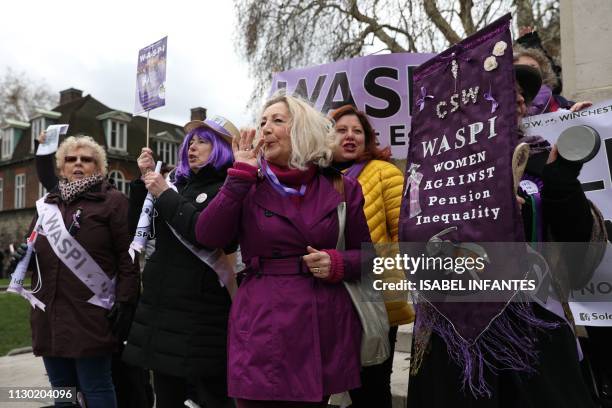 Women against state pension inequality protest outside the Houses of Parliament in central London on March 13 as Britain's Chancellor of the...
