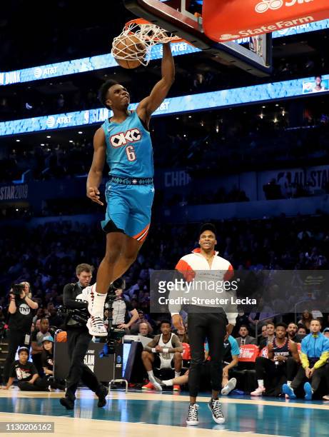Hamidou Diallo of the Oklahoma City Thunder dunks during the AT&T Slam Dunk as part of the 2019 NBA All-Star Weekend at Spectrum Center on February...