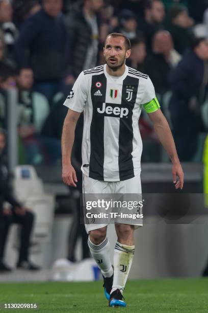 Giorgio Chiellini of Juventus looks on during the UEFA Champions League Round of 16 Second Leg match between Juventus and Club de Atletico Madrid at...
