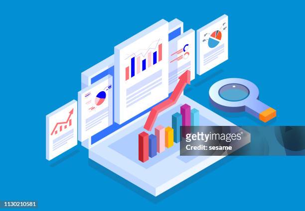 isometric web pages and business data reports - business strategy stock illustrations