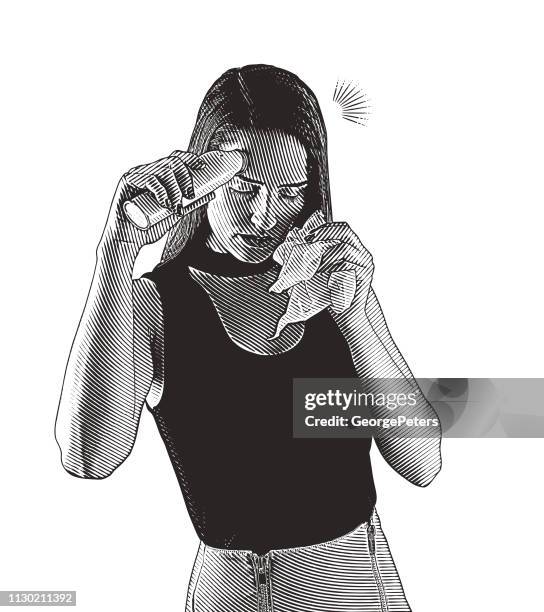 woman feeling sick and taking her temperature - forehead temperature stock illustrations