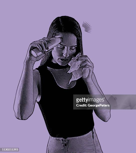woman feeling sick and taking her temperature - woman blowing nose stock illustrations