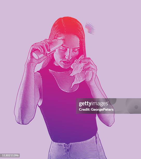 ilustraciones, imágenes clip art, dibujos animados e iconos de stock de mujer sintiéndose enfermo y tomar su temperatura - woman blowing nose