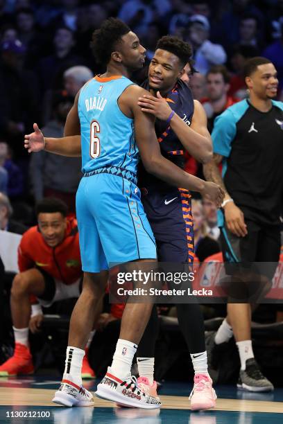 Dennis Smith, Jr. #5 of the New York Knicks embraces Hamidou Diallo of the Oklahoma City Thunder after the AT&T Slam Dunk as part of the 2019 NBA...