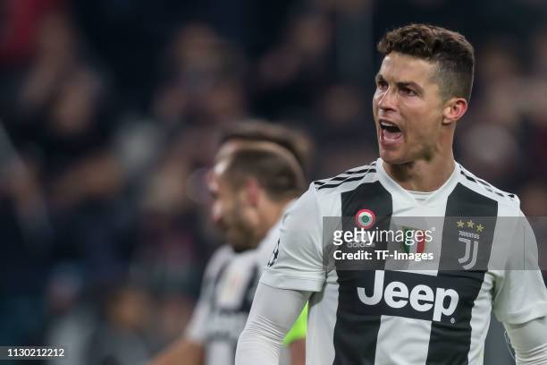 Christiano Ronaldo of Juventus looks on during the UEFA Champions League Round of 16 Second Leg match between Juventus and Club de Atletico Madrid at...