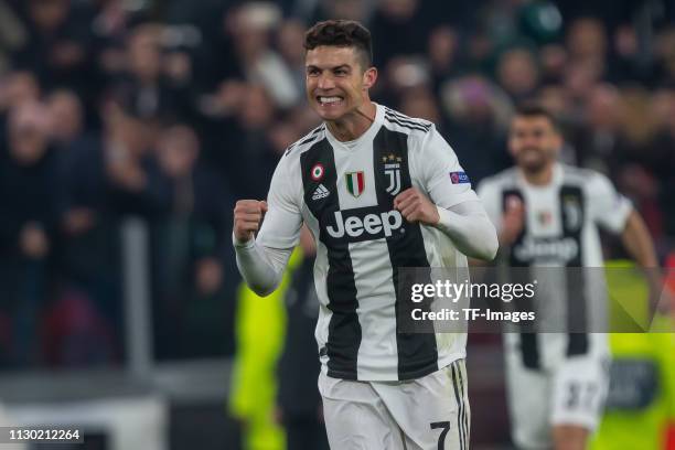 Christiano Ronaldo of Juventus celebrates during the UEFA Champions League Round of 16 Second Leg match between Juventus and Club de Atletico Madrid...