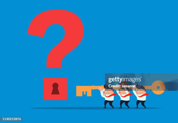 business team holding a key trying to open the lock of the question mark - password strength stock illustrations