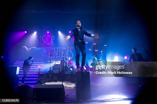 Andrew White, Nick Baines, Ricky Wilson and Simon Rix of the Kaiser Chiefs performing on stage at O2 Guildhall on February 16, 2019 in Southampton,...