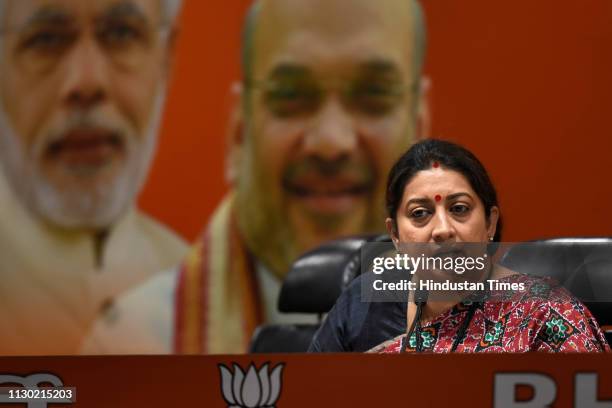 Union Textiles Minister Smriti Irani addresses a press conference at BJP headquarters, at Deen Dayal Upadhyay Marg, on March 13, 2019 in New Delhi,...