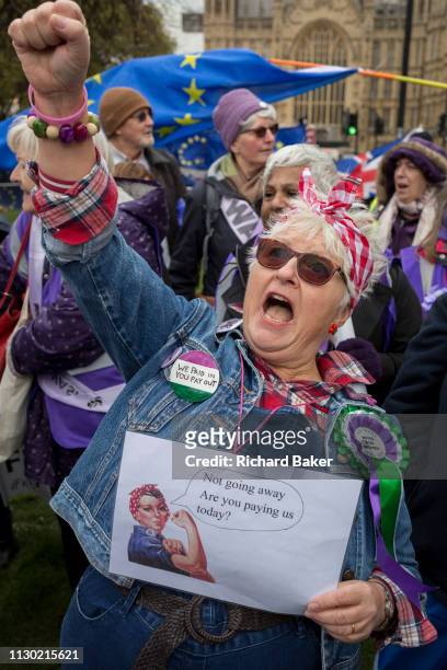 Women from the Essex branch of the WASPI protest on College Greeen in Westminster, the morning after another of Prime Minister Theresa May's Brexit...