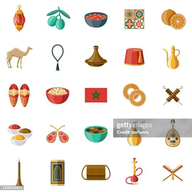 morocco icon set - moroccan lamb tagine stock illustrations