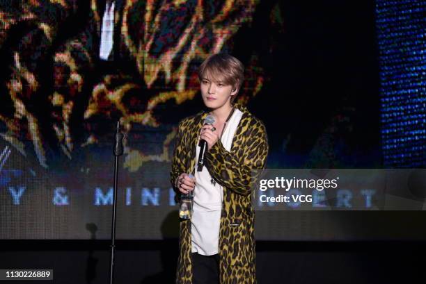 South Korean singer Kim Jae-joong performs onstage during a fan meeting on February 16, 2019 in Taipei, Taiwan of China.
