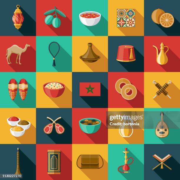 morocco icon set - moroccan lamb tagine stock illustrations