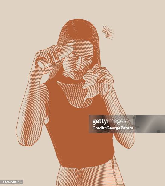 ilustraciones, imágenes clip art, dibujos animados e iconos de stock de mujer sintiéndose enfermo y tomar su temperatura - woman blowing nose