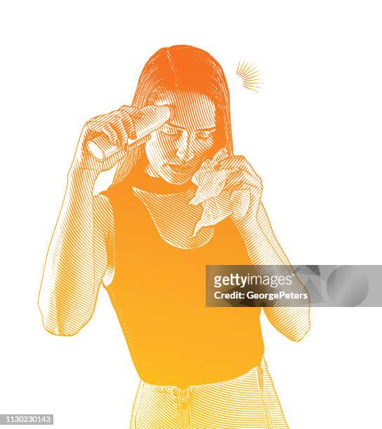 ilustraciones, imágenes clip art, dibujos animados e iconos de stock de mujer sintiéndose enfermo y tomar su temperatura - woman blowing nose