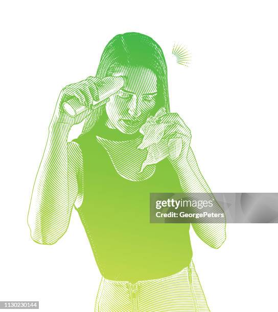 woman feeling sick and taking her temperature - person-with-headache-and-clip-art stock illustrations