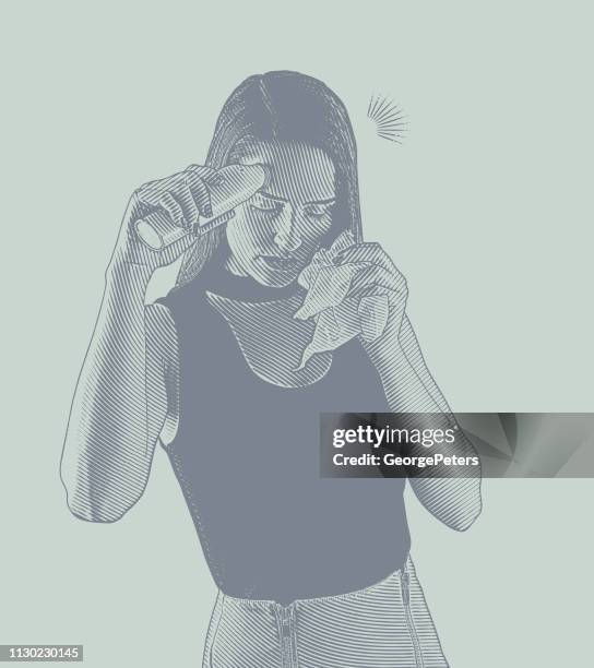 woman feeling sick and taking her temperature - forehead temperature stock illustrations