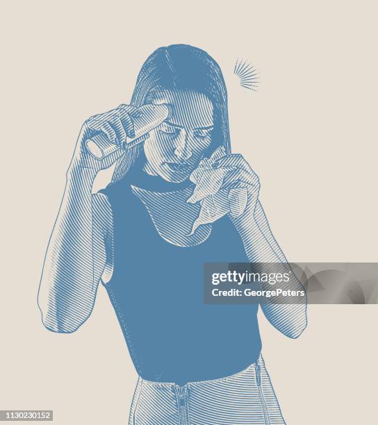 ilustraciones, imágenes clip art, dibujos animados e iconos de stock de mujer sintiéndose enfermo y tomar su temperatura - woman blowing nose
