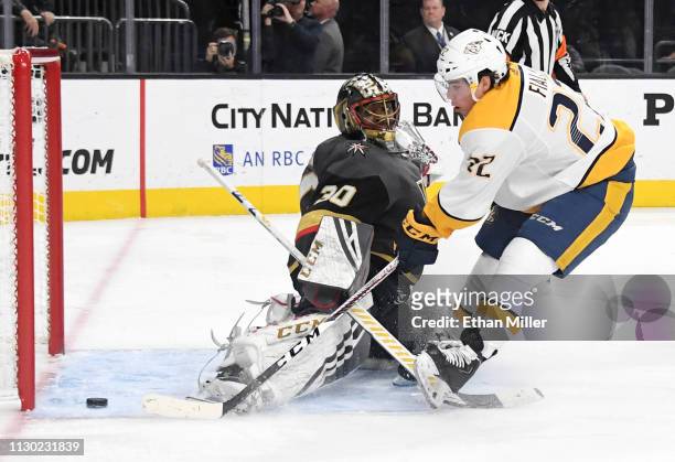 Kevin Fiala of the Nashville Predators scores a third-period goal against Malcolm Subban of the Vegas Golden Knights during their game at T-Mobile...