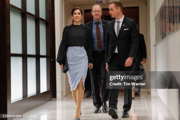 Her Royal Highness Crown Princess Mary of Denmark, Acting Ambassador Henrik Hahn Bramsen, and Consul General in Houston Jacob Vind arrive at an event...