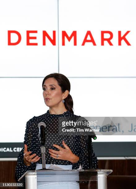 Her Royal Highness Crown Princess Mary of Denmark delivers remarks during an event highlighting an exploration of life science collaboration...