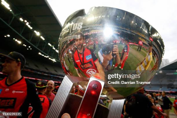 Kane Richardson of the Renegades celebrates after the Big Bash League Final match between the Melbourne Renegades and the Melbourne Stars at Marvel...