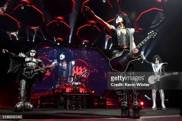 Gene Simmons, Paul Stanley and Tommy Thayer of KISS perform during their End Of The Road World Tour at The Forum on February 16, 2019 in Inglewood,...