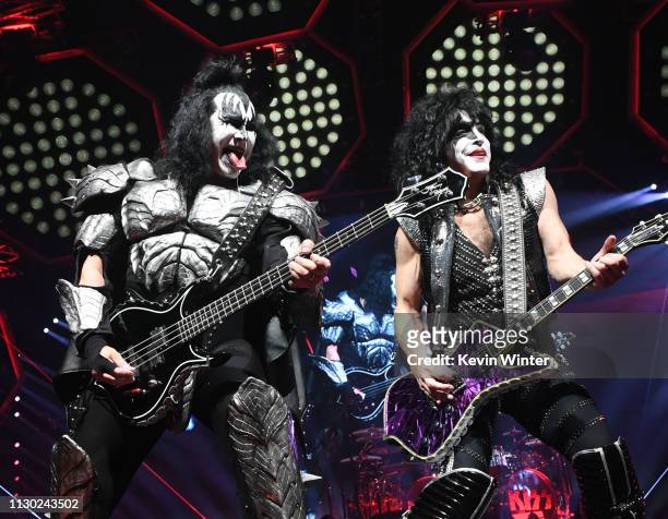 Gene Simmons and Paul Stanley of KISS perform during their End Of The Road World Tour at The Forum on February 16, 2019 in Inglewood, California.