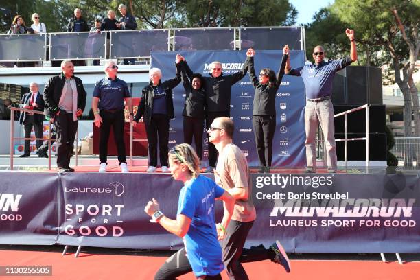 Laureus Academy Member Daley Thompson,Laureus Academy Chairman Sean Fitzpatrick with Laureus Academy Members Daley Thompson,Dawn Fraser, Tegla...