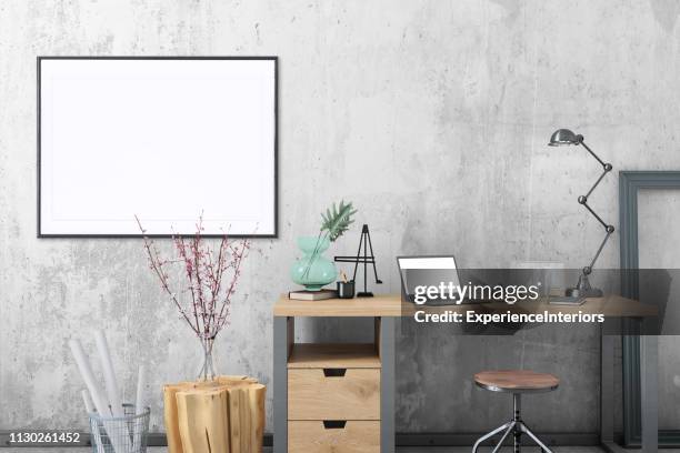 blank poster frame home office interior background template - picture frame desk stock pictures, royalty-free photos & images