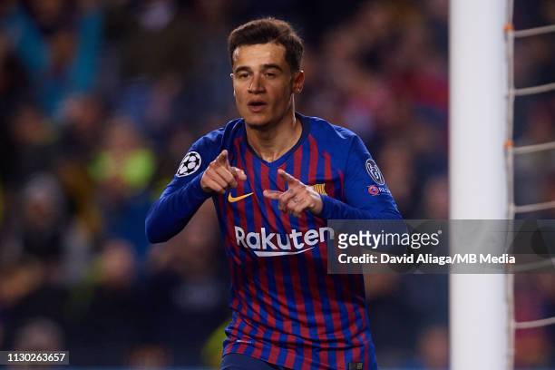 Philippe Coutinho of FC Barcelona celebrates his side's second goal during the UEFA Champions League Round of 16 Second Leg match between FC...