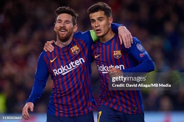 Philippe Coutinho of FC Barcelona celebrates his after scoring side's second goal with his teammate Leo Messi during the UEFA Champions League Round...