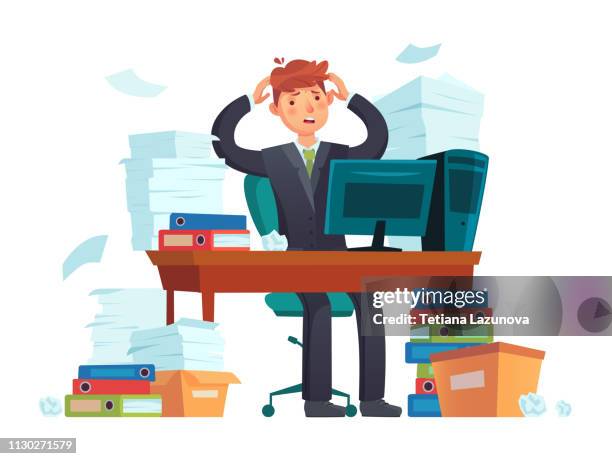 manager overworked. office overwork, unorganized paperwork and business work document sheets piles cartoon illustration - messy table stock illustrations
