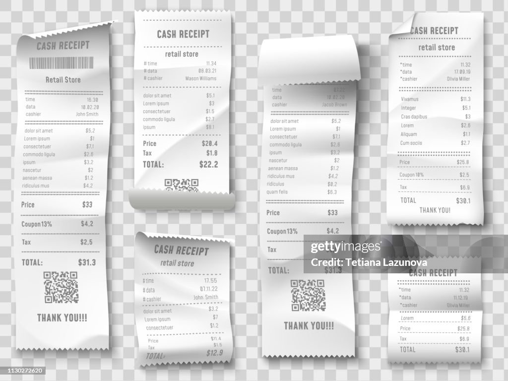 Shopping receipt. Retail store purchase receipts, supermarket invoice printing and purchasing bill isolated vector collection