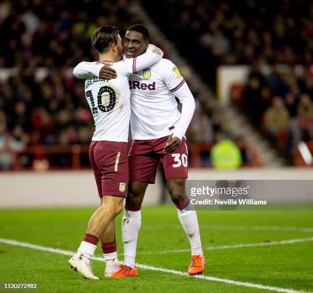Kortney Hause of Aston Villa scores for Aston Villa during the Sky Bet Championship match between Nottingham Forest and Aston Villa at the City...