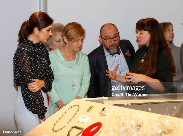 Her Royal Highness Crown Princess Mary of Denmark tours the exhibit at the opening of the Danish jewellery exhibition at Houston Center for...