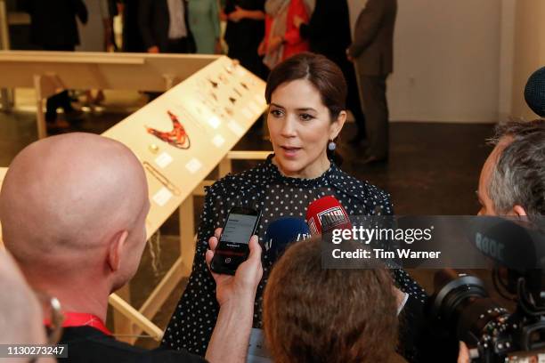 Her Royal Highness Crown Princess Mary of Denmark speaks with members of the media at the opening of the Danish jewellery exhibition at Houston...