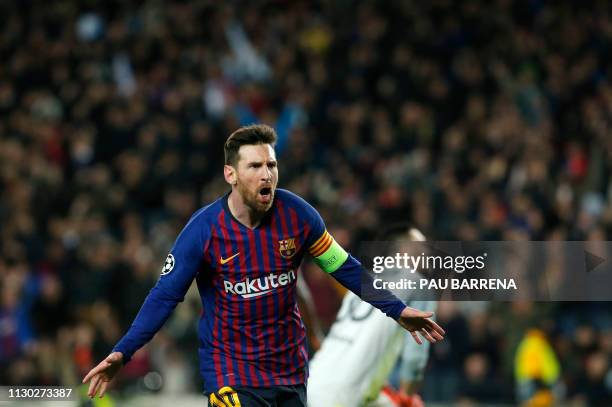 Barcelona's Argentinian forward Lionel Messi celebrates after scoring during the UEFA Champions League round of 16, second leg football match between...