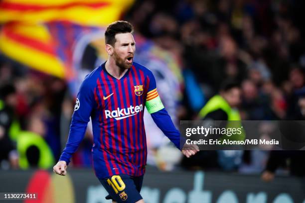 Lionel Messi of FC Barcelona celebrates scoring his side's 3rd goal during the UEFA Champions League Round of 16 Second Leg match between FC...