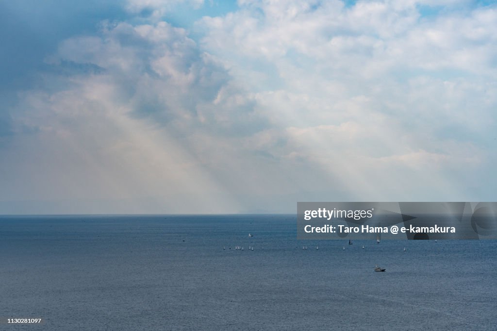Sunbeam on sailing yachts on Sagami Bay, Pacific Ocean in Hayama town and Zushi and Yokosuka cities in Kanagawa prefecture in Japan