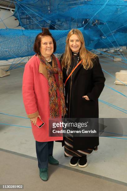 Anya Hindmarch and Suzy Menkes attend the Anya Hindmarch Presentation show during London Fashion Week February 2019 on February 17, 2019 in London,...