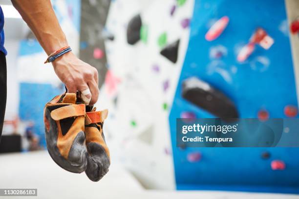 indoor climbing shoes close-up. - rock boot stock pictures, royalty-free photos & images