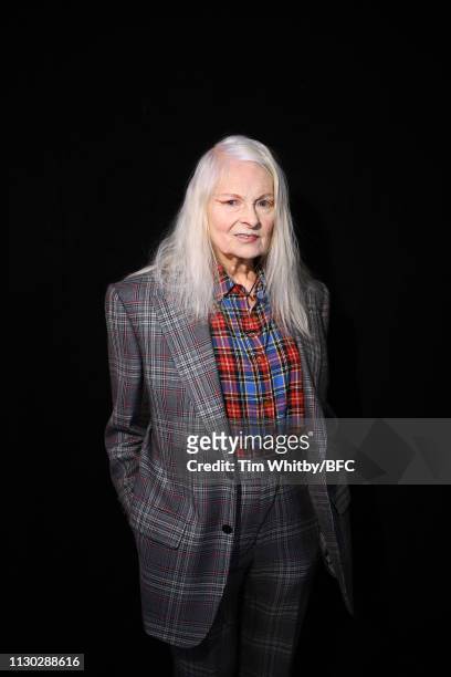 Designer Vivienne Westwood poses backstage ahead of the Vivienne Westwood show during London Fashion Week February 2019 on February 17, 2019 in...