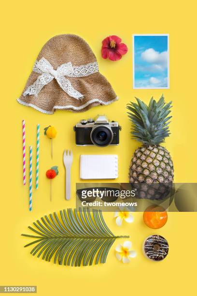 summer vacation objects. - sunglasses overhead fotografías e imágenes de stock