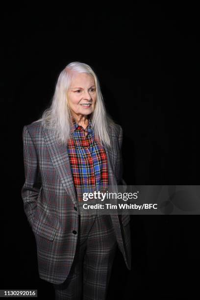 Designer Vivienne Westwood poses backstage ahead of the Vivienne Westwood show during London Fashion Week February 2019 on February 17, 2019 in...