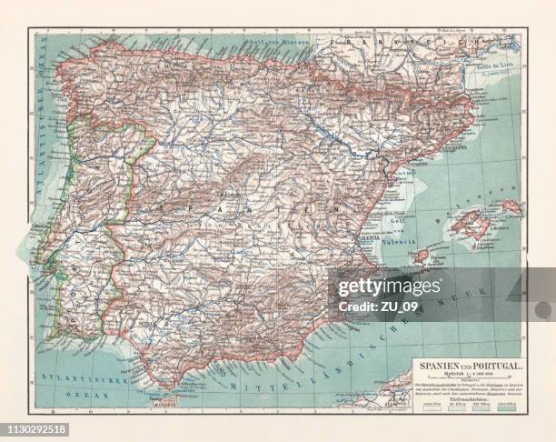 topographische karte von spanien und portugal, lithographie, veröffentlicht im jahre 1897 - valencia spain stock-grafiken, -clipart, -cartoons und -symbole