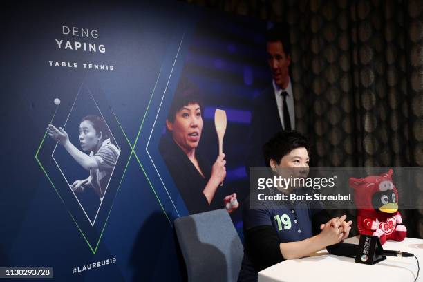 Laureus Academy Member Deng Yaping speaks during Media Interviews for the 2019 Laureus World Sports Awards on February 17, 2019 in Monaco, Monaco.