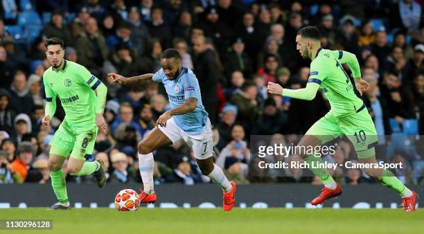 Manchester City's Raheem Sterling under pressure from FC Schalke 04s Nabil Bentaleb during the UEFA Champions League Round of 16 Second Leg match...