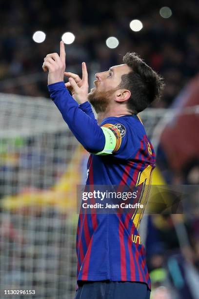 Lionel Messi of Barcelona celebrates his second goal during the UEFA Champions League Round of 16 Second Leg match between FC Barcelona and Olympique...