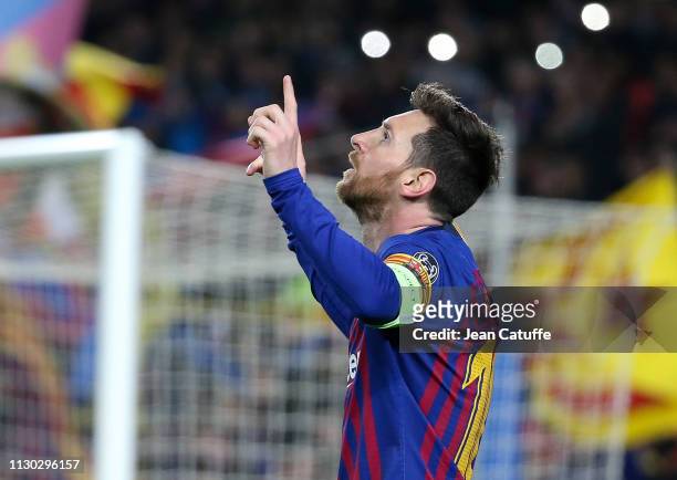 Lionel Messi of Barcelona celebrates his second goal during the UEFA Champions League Round of 16 Second Leg match between FC Barcelona and Olympique...